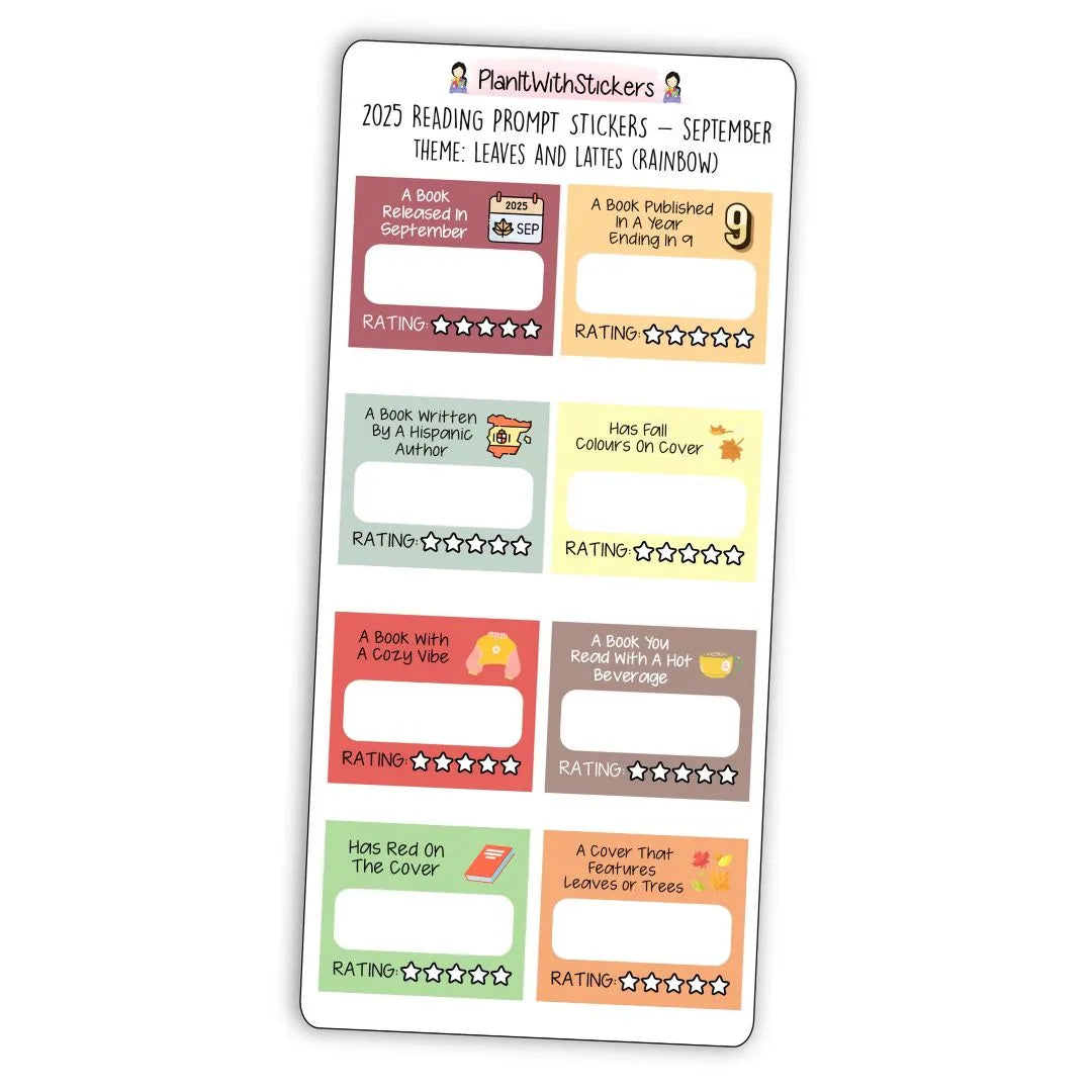 Full view of fall-themed mini reading challenge sticker sheet with 8 book prompts, shown in rainbow colour options.
