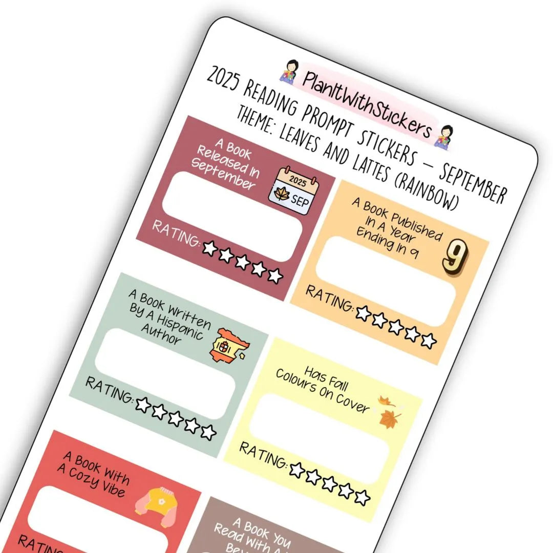 Close up view of fall-themed mini reading challenge sticker sheet with 8 book prompts, shown in rainbow colour options.