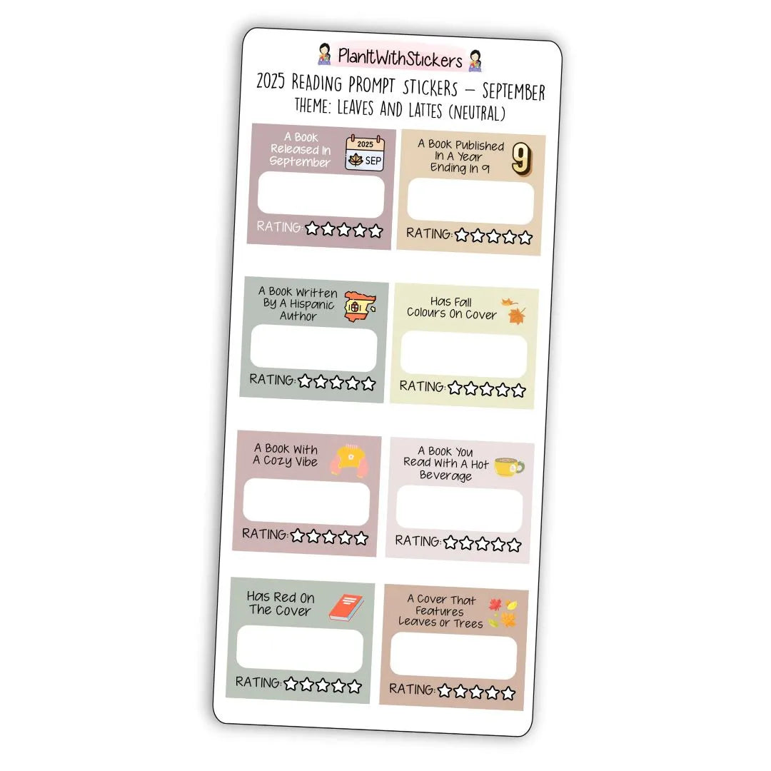 Full view of fall-themed mini reading challenge sticker sheet with 8 book prompts, shown in neutral colour options.