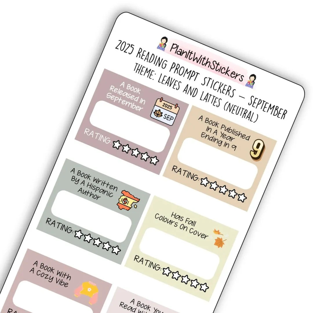 Close up view of fall-themed mini reading challenge sticker sheet with 8 book prompts, shown in neutral colour options.