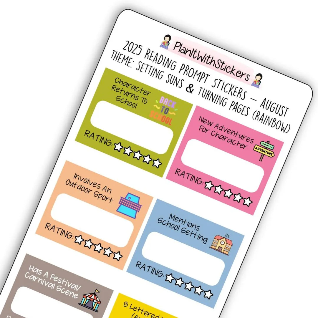 Close up view of summer-themed mini reading challenge sticker sheet with 8 book prompts, shown in rainbow colour options.