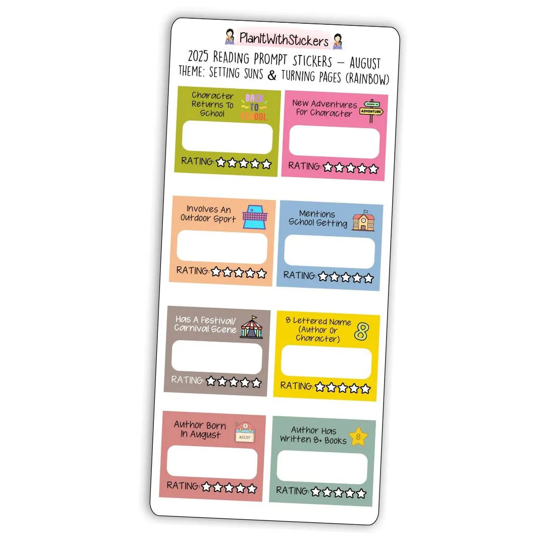 Full view of summer-themed mini reading challenge sticker sheet with 8 book prompts, shown in rainbow colour options.