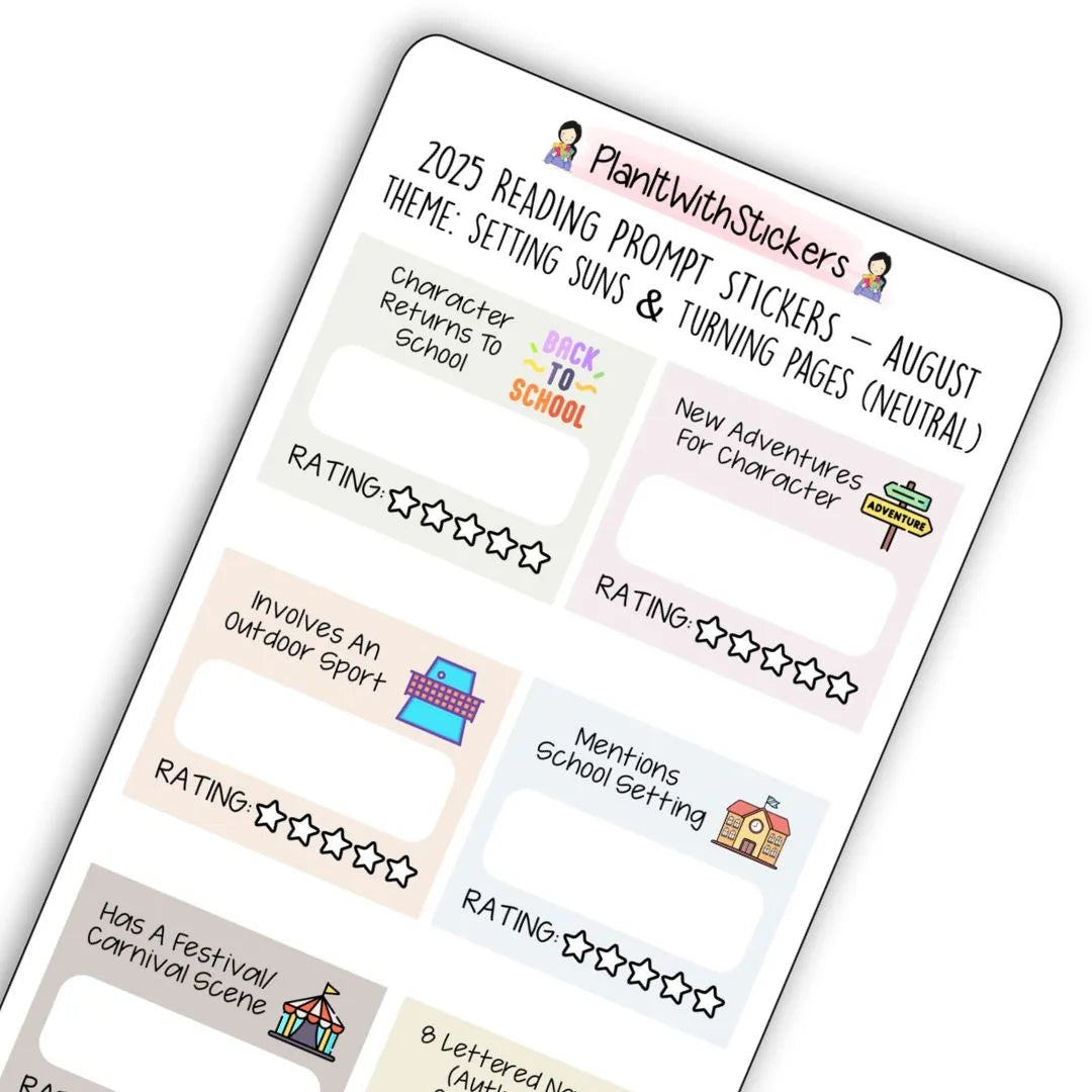 Close up view of summer-themed mini reading challenge sticker sheet with 8 book prompts, shown in neutral colour options.