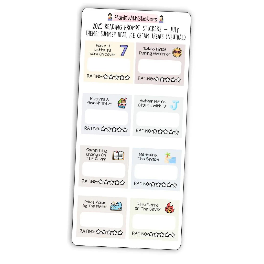 Full view of summer-themed mini reading challenge sticker sheet with 8 book prompts, shown in neutral colour options.