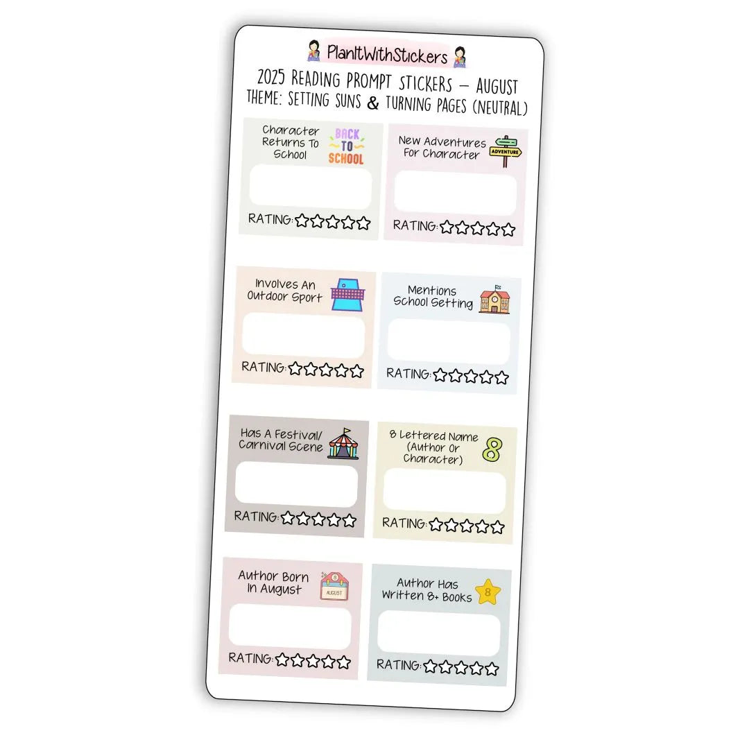Full view of summer-themed mini reading challenge sticker sheet with 8 book prompts, shown in neutral colour options.