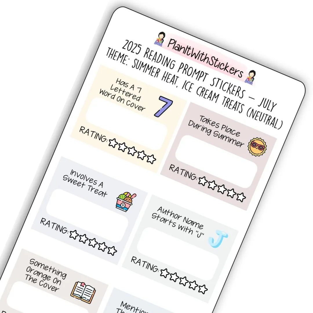 Close up view of summer-themed mini reading challenge sticker sheet with 8 book prompts, shown in neutral colour options.