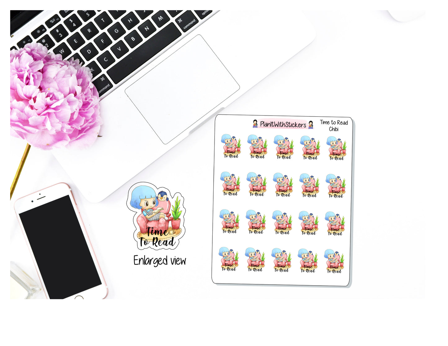 Time To Read Chibi Girl Sticker for , Plum Paper, Recollections, and similar planners