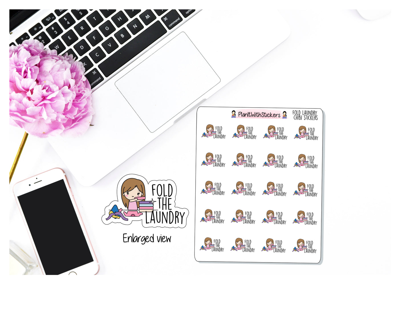 Fold The Laundry Chores Chibi Character Sticker for , Plum Paper, Recollections, and similar planners