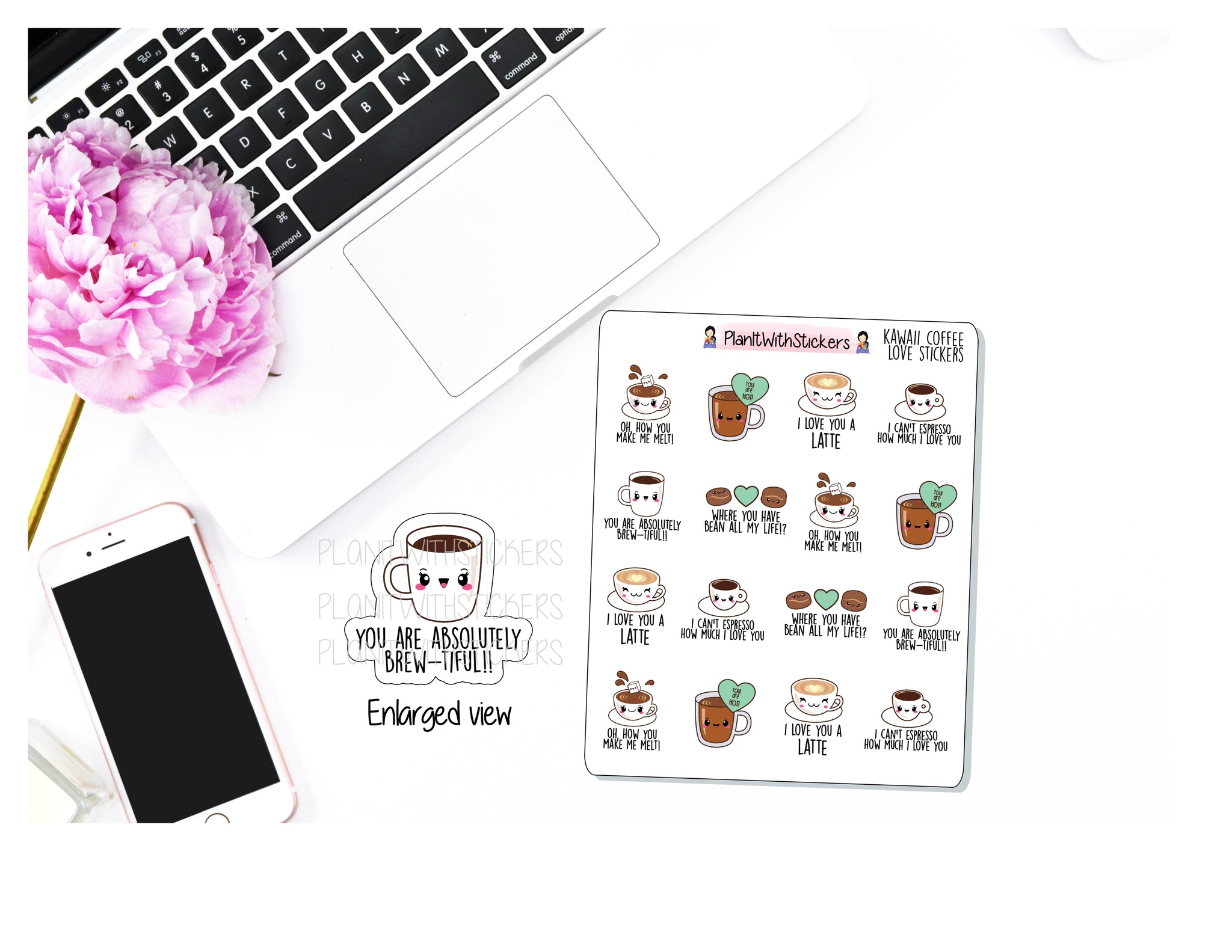 Coffee Love Kawaii Icon and Quote Stickers