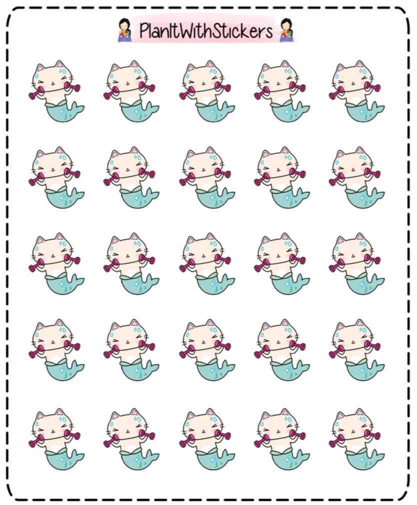 123C - Purrmaid Workout Time Get Fit Exercise Kitty Cat Task Stickers for Erin Condren, Plum Paper, Recollections, and similar planners