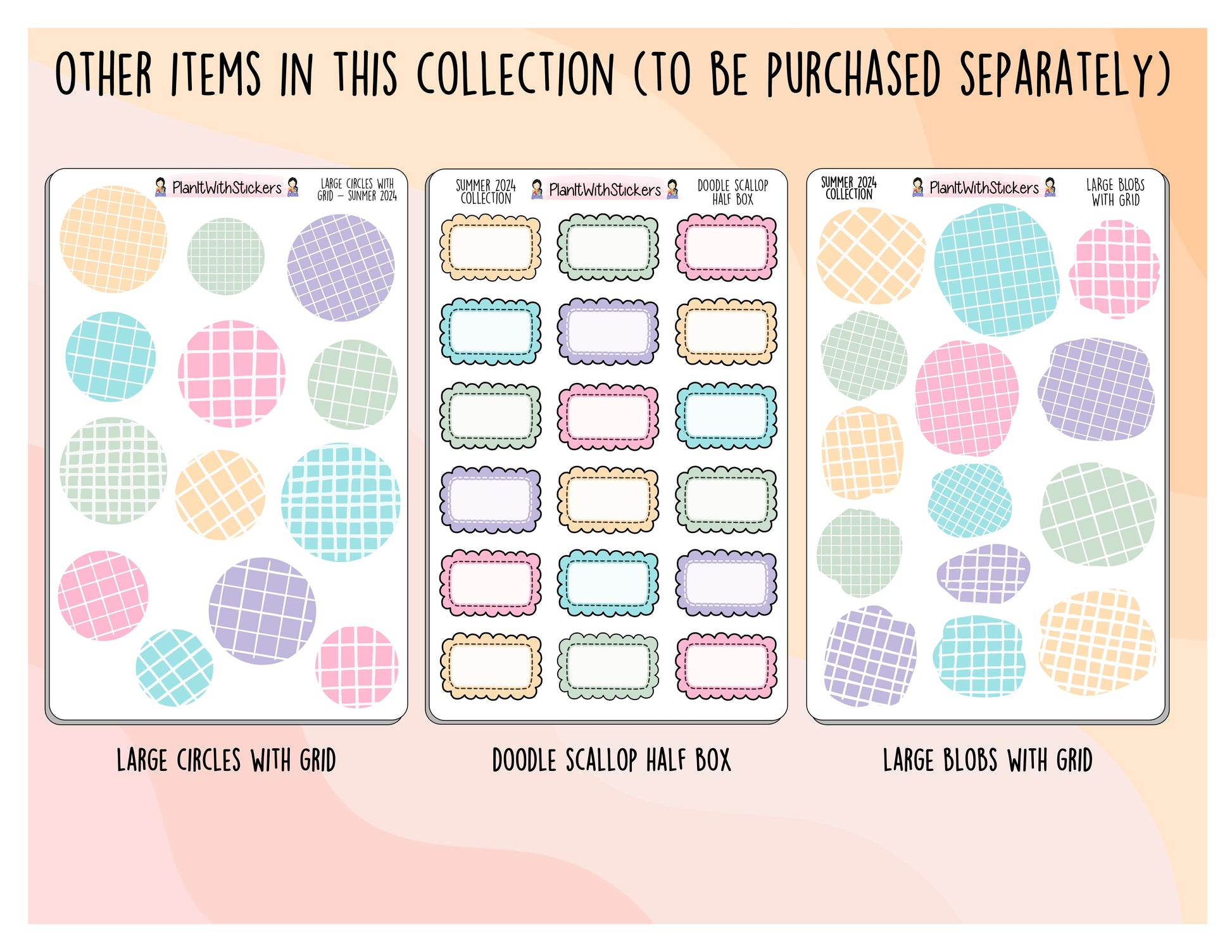 a set of three planner stickers with different shapes