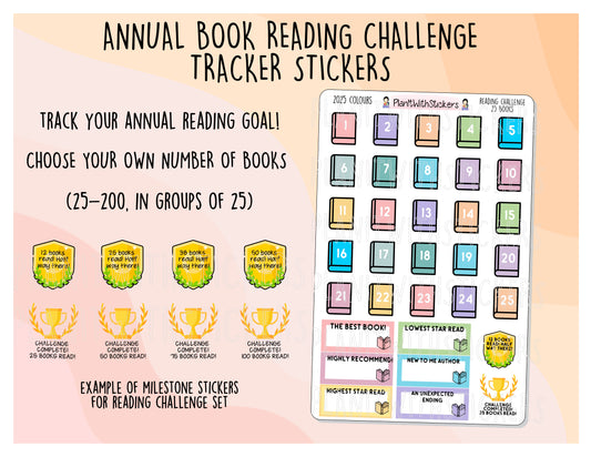 2025 Annual Book Reading Challenge Tracker Sticker Bundle (Choose between 25 to 200 Books!)