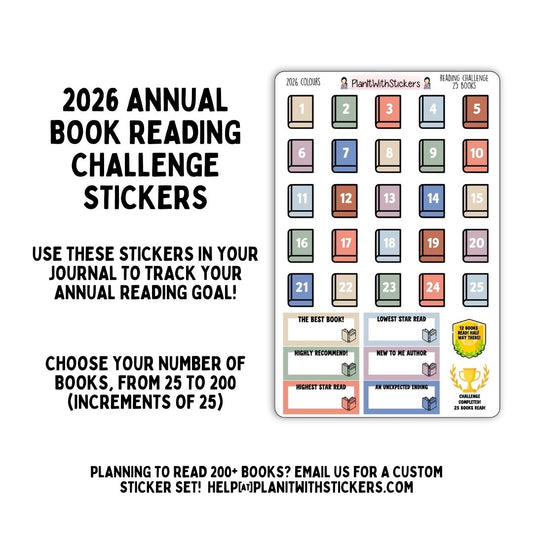 2026 - Annual Book Reading Challenge Tracker Sticker Bundle (Choose between 25 to 200 Books!)