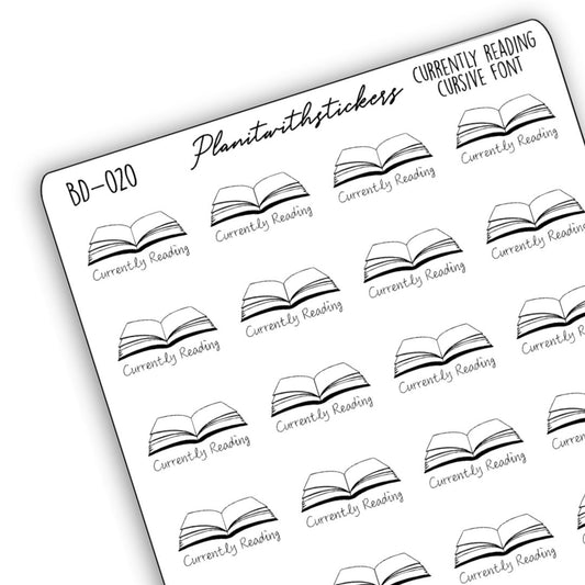 Currently Reading Open Book Stickers - Cursive Font (Monochrome/Foiled)