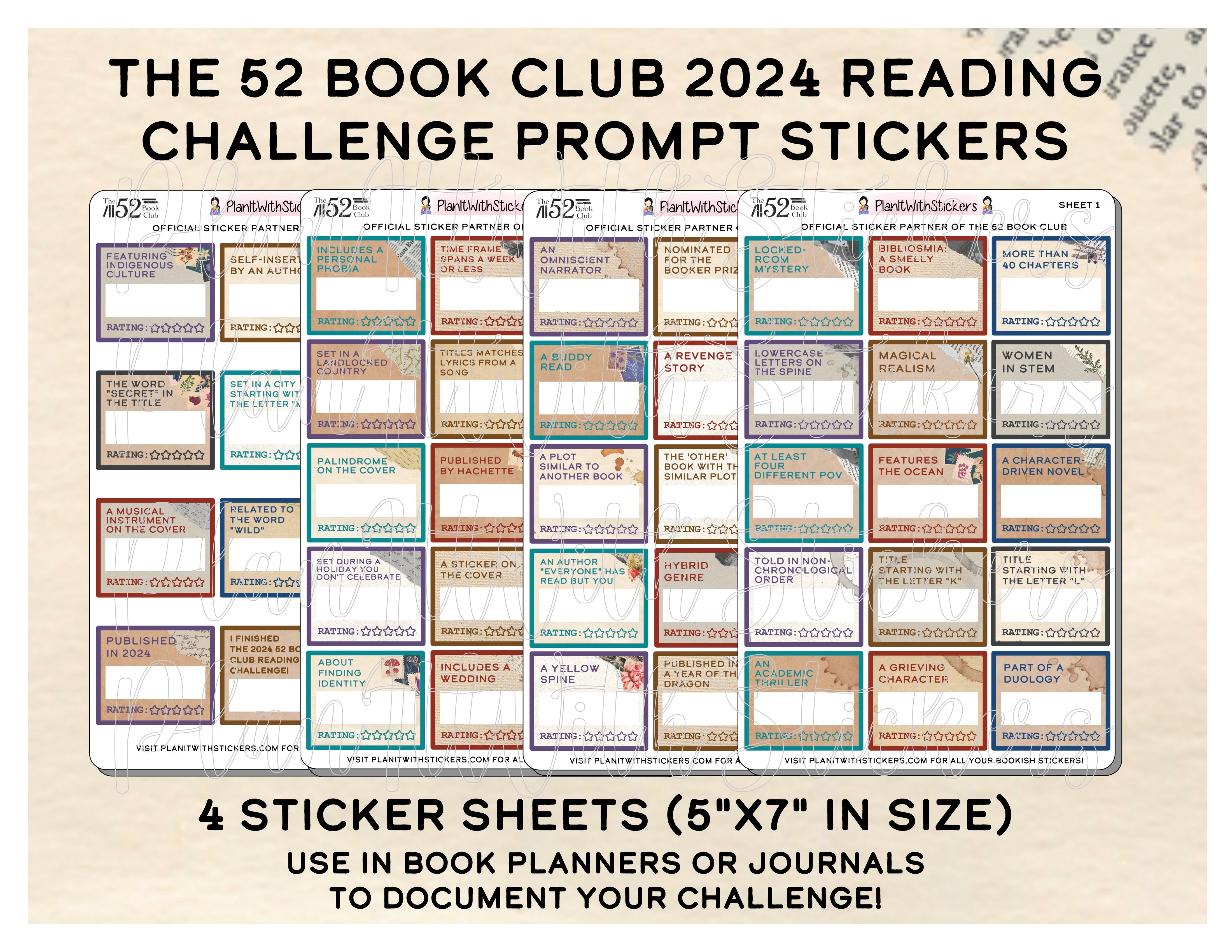 2024 - The 52 Book Club Reading Challenge Prompt Stickers for Reading ...