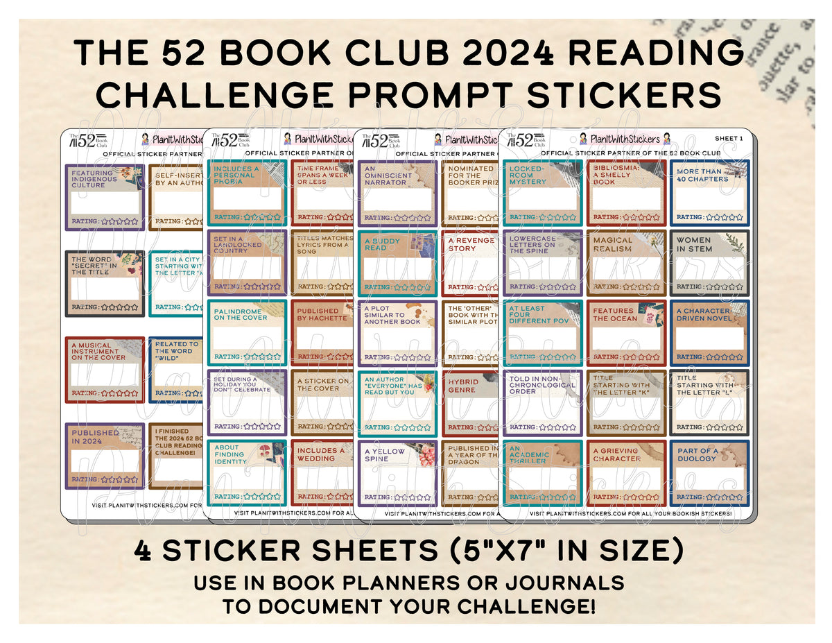 2024 The 52 Book Club Reading Challenge Prompt Stickers For Reading   52BC 2024 Vintage 1200x1200 