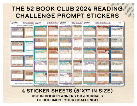 2024 - The 52 Book Club Reading Challenge Prompt Stickers for Reading Planners and Reading Journals