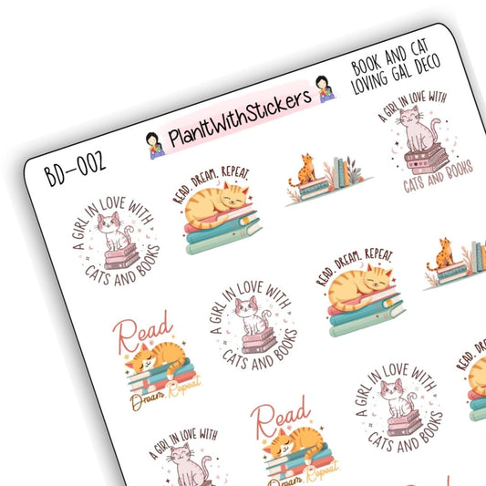 Book and Cat Loving Gal Deco Stickers