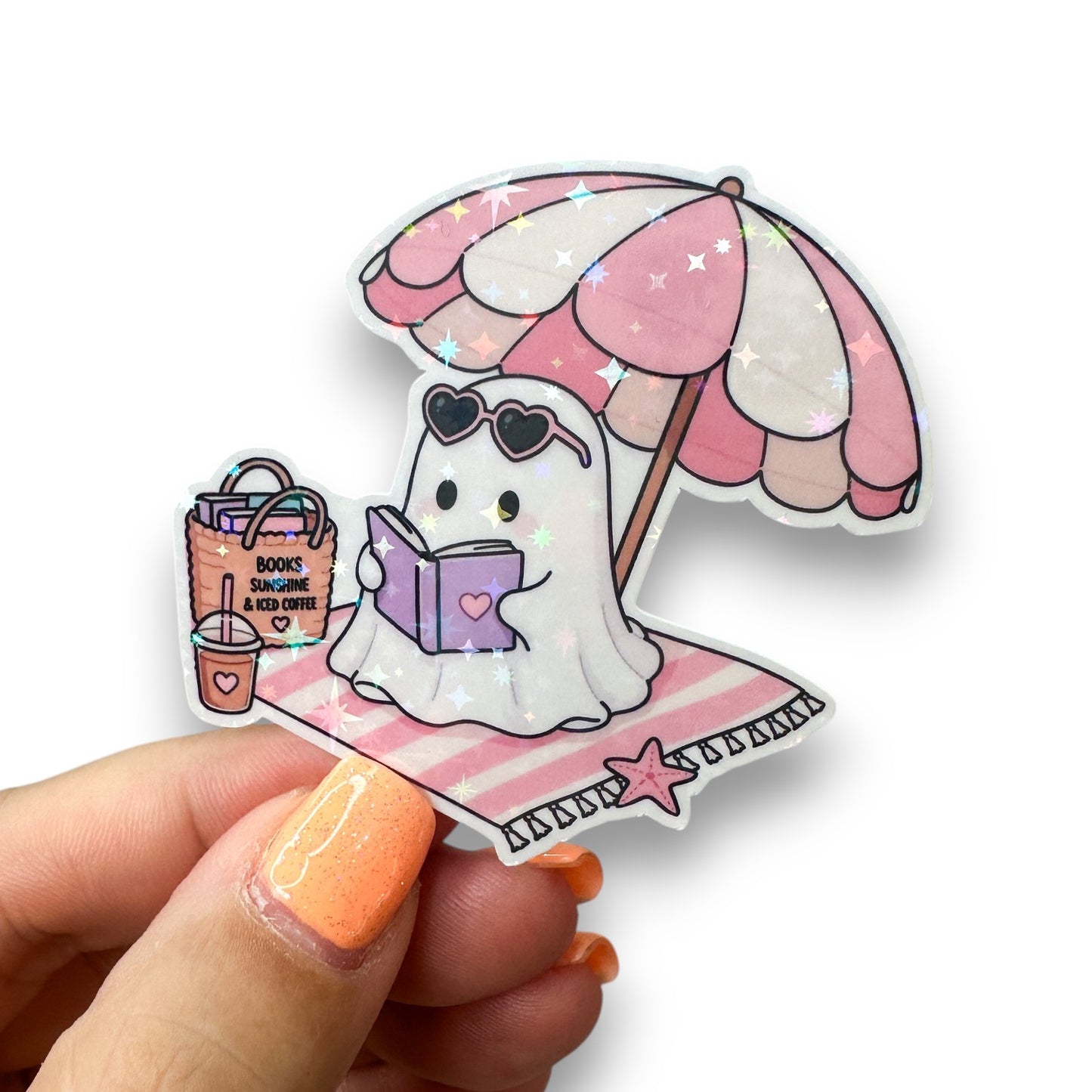 Beach Ghostie Reading Vinyl Holographic Diecut Sticker