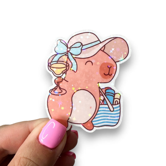 Summer Beach Capybara Vinyl Holographic Diecut Sticker