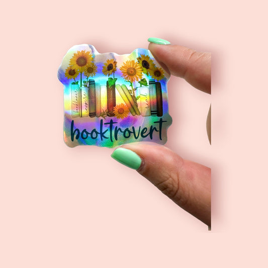 Holographic Booktrovert Sunflower Bookshelf Reading Bookish Vinyl Diecut Sticker