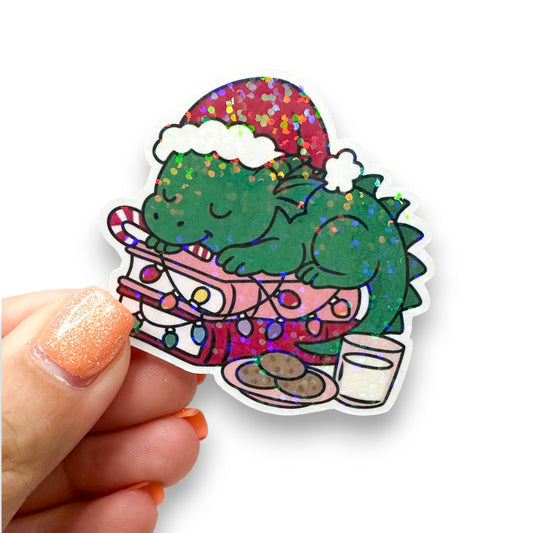 Christmas Dragon Book Stack Die Cut Sticker