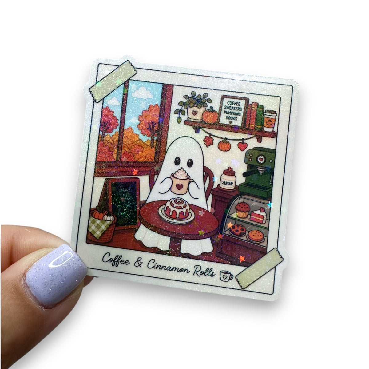Coffee and Cinnamon Rolls Ghostie Holographic Diecut Sticker