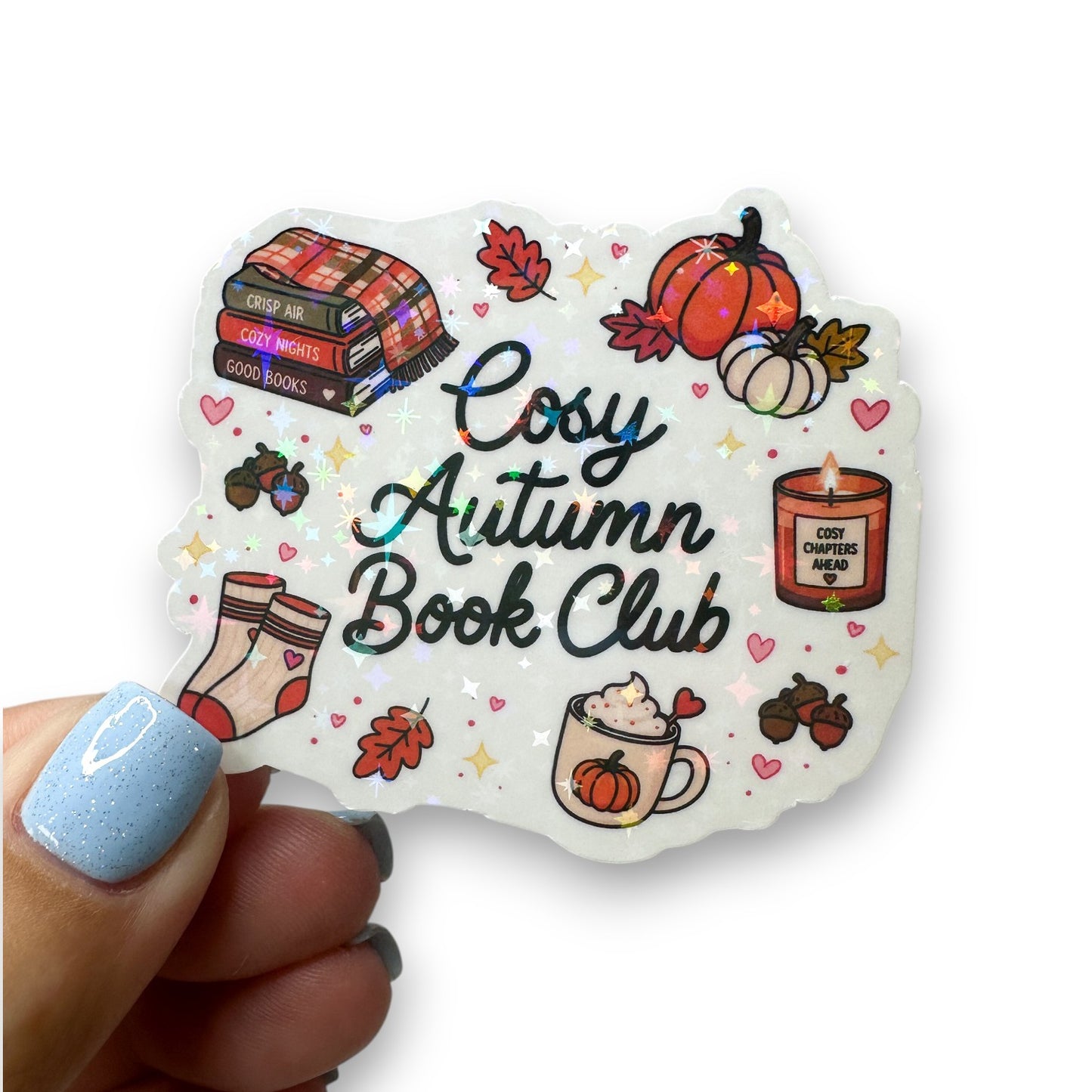 Cosy Autumn Book Club Holographic Diecut Sticker