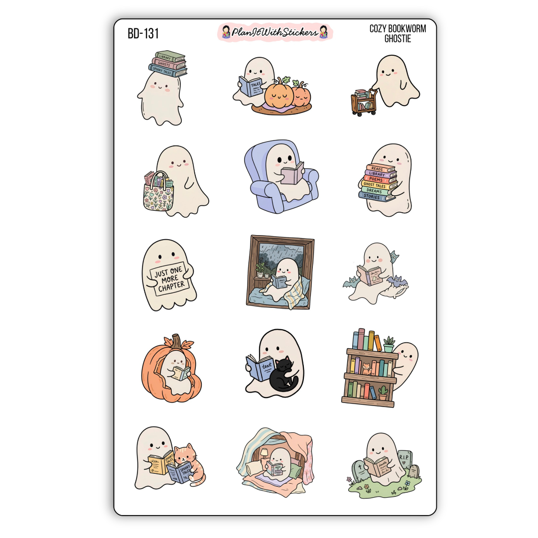 Cozy Bookworm Ghostie Sticker Sheet