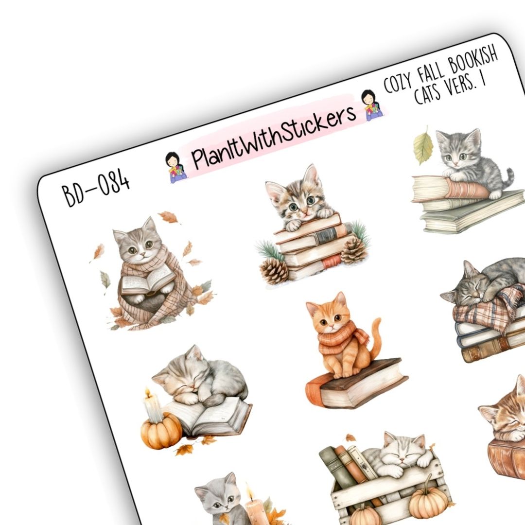 Cozy Fall Bookish Cat Decorative Stickers V1