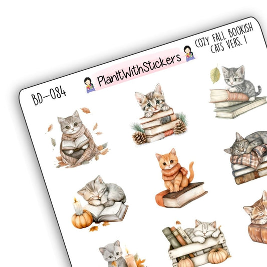 Cozy Fall Bookish Cat Decorative Stickers V1