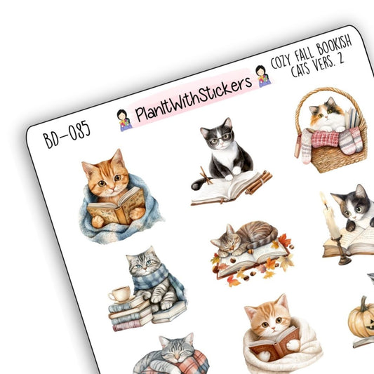 Cozy Fall Bookish Cat Decorative Stickers V2