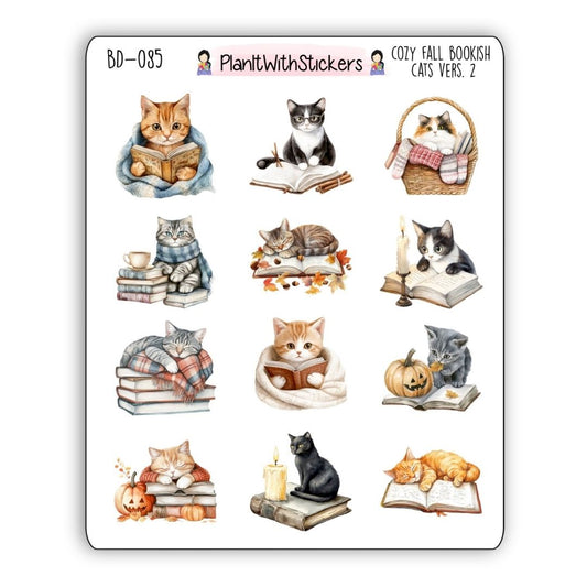 Cozy Fall Bookish Cat Decorative Stickers V2