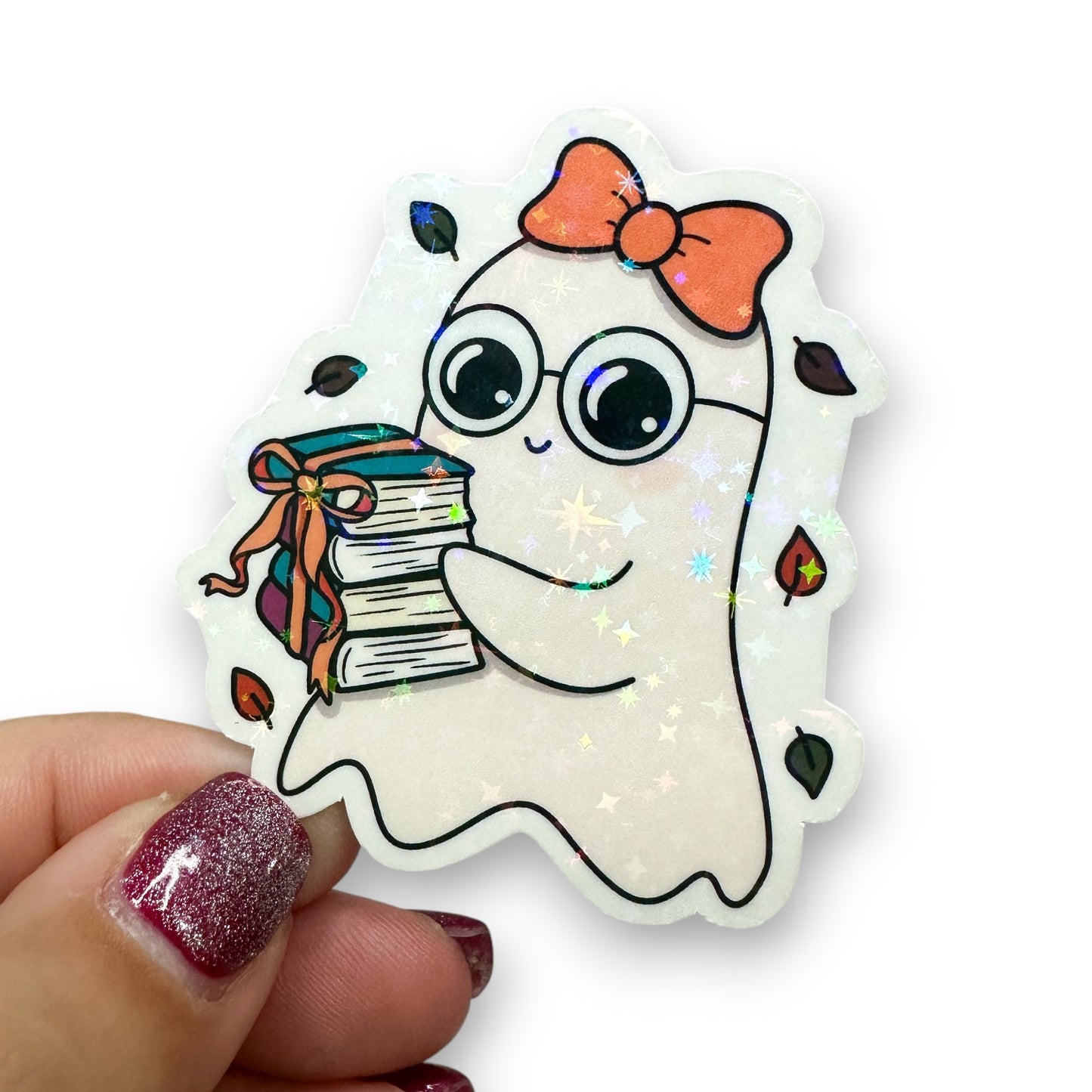 Orange Bow Ghost Book Stack Holographic Diecut Sticker