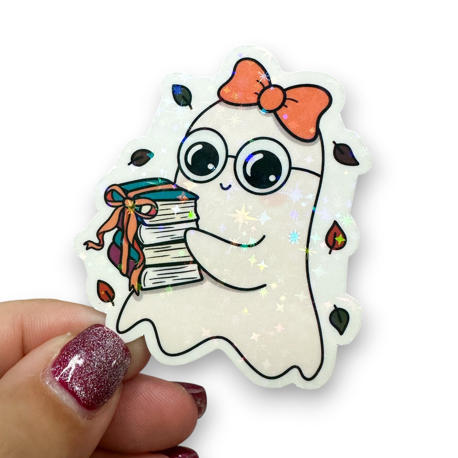 Orange Bow Ghost Book Stack Holographic Diecut Sticker