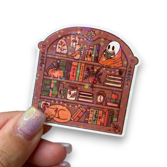 Cozy Ghost Fall Bookshelf Die Cut Holographic Sticker
