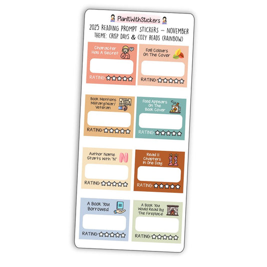 Full view of fall-themed mini reading challenge sticker sheet with 8 book prompts, shown in rainbow colour options.