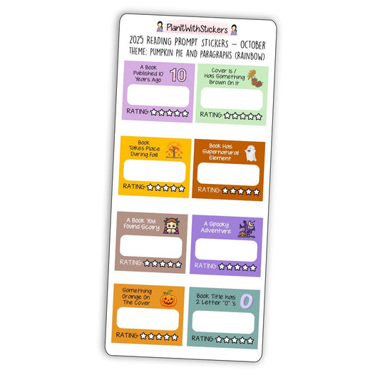 Full view of Halloween-themed mini reading challenge sticker sheet with 8 book prompts, shown in rainbow colour options.
