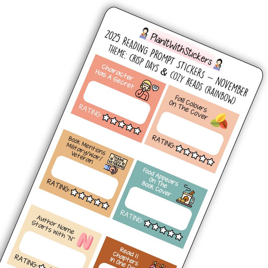 Close up view of fall-themed mini reading challenge sticker sheet with 8 book prompts, shown in rainbow colour options.