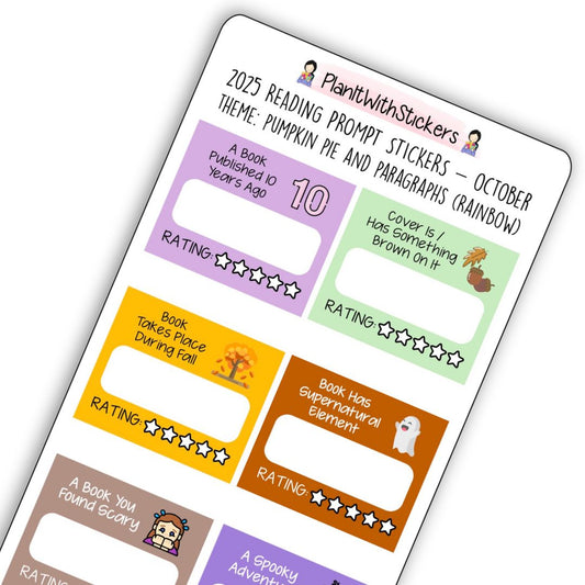 Close up view of Halloween-themed mini reading challenge sticker sheet with 8 book prompts, shown in rainbow colour options.