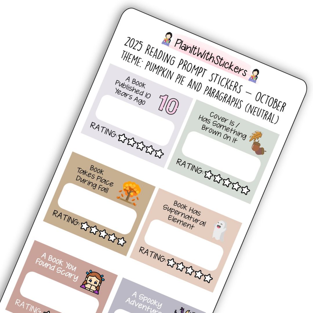 Close up view of Halloween-themed mini reading challenge sticker sheet with 8 book prompts, shown in neutral colour options.