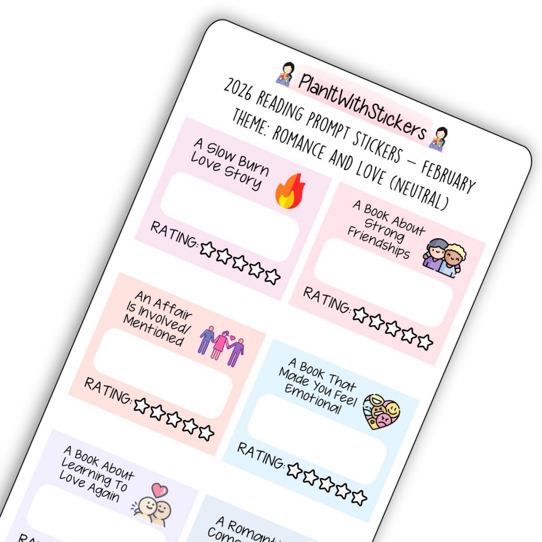 February 2026 – Romance and Love – Mini Reading Prompt Sticker Sheet (Rainbow or Neutral)