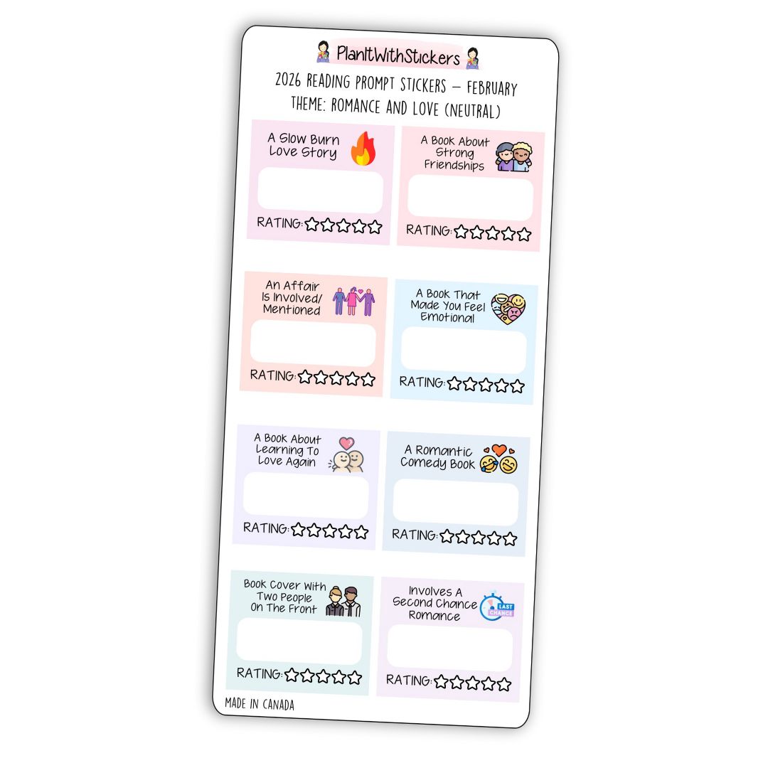 February 2026 – Romance and Love – Mini Reading Prompt Sticker Sheet (Rainbow or Neutral)