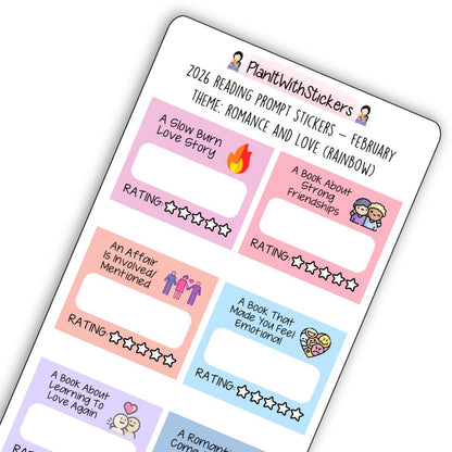 February 2026 – Romance and Love – Mini Reading Prompt Sticker Sheet (Rainbow or Neutral)