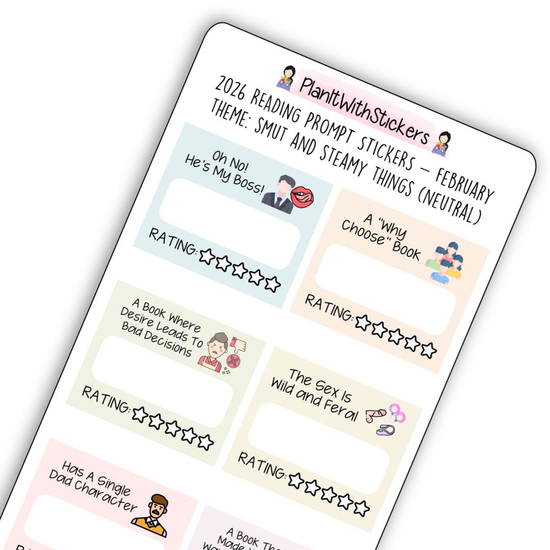 February 2026 – Smut & Steamy Things – Mini Reading Prompt Sticker Sheet (Rainbow or Neutral)