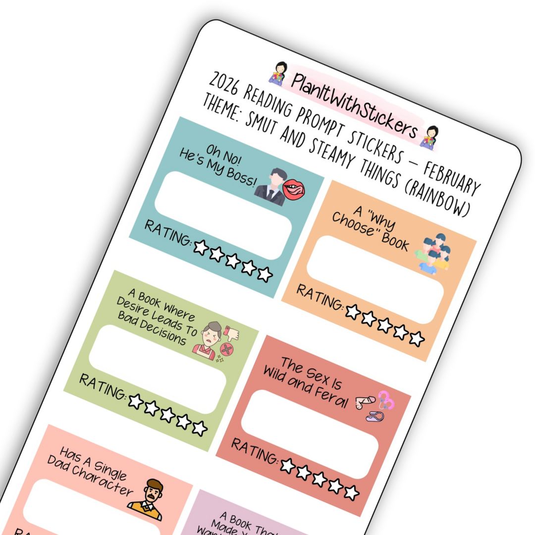 February 2026 – Smut & Steamy Things – Mini Reading Prompt Sticker Sheet (Rainbow or Neutral)