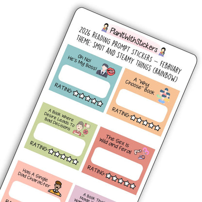 February 2026 – Smut & Steamy Things – Mini Reading Prompt Sticker Sheet (Rainbow or Neutral)