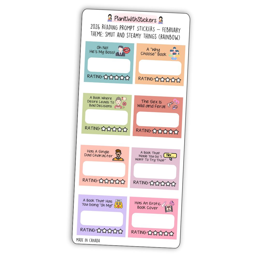 February 2026 – Smut & Steamy Things – Mini Reading Prompt Sticker Sheet (Rainbow or Neutral)