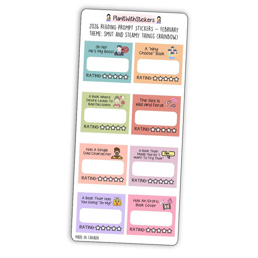 February 2026 – Smut & Steamy Things – Mini Reading Prompt Sticker Sheet (Rainbow or Neutral)