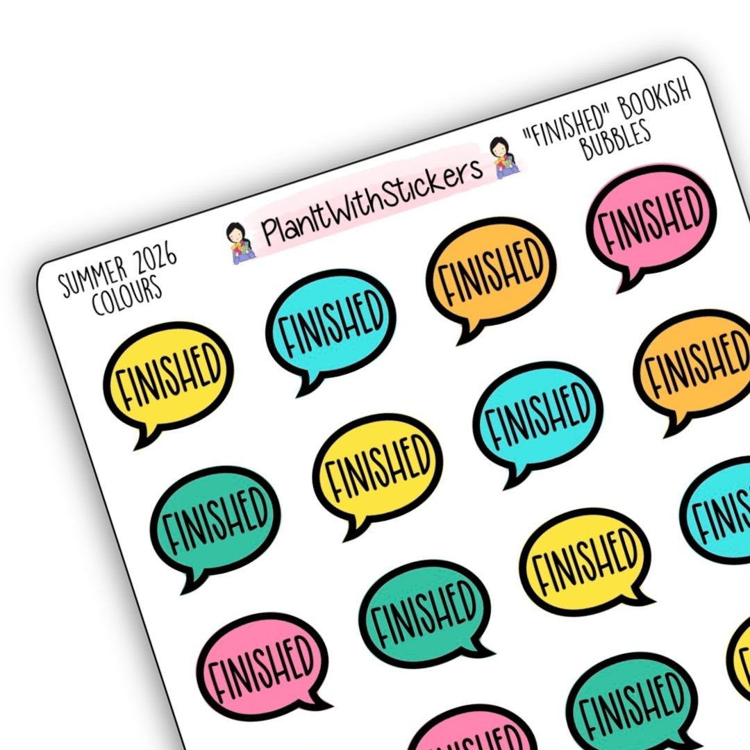 "Finished" Bookish Bubbles Book Review Sticker - Summer 2026